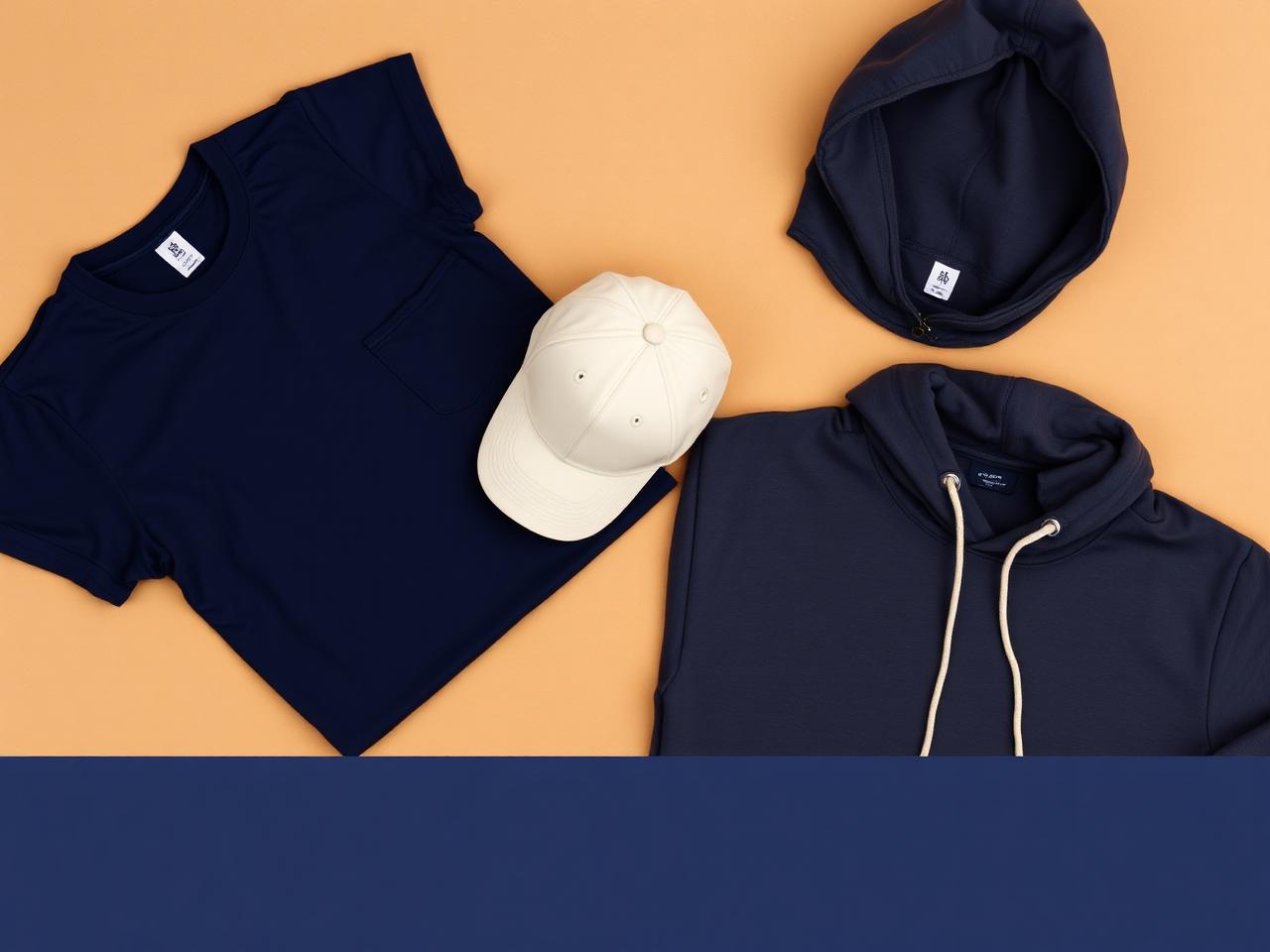 PRAT apparel: navy tee, cream cap, and navy hoodie laid on warm sand backdrop